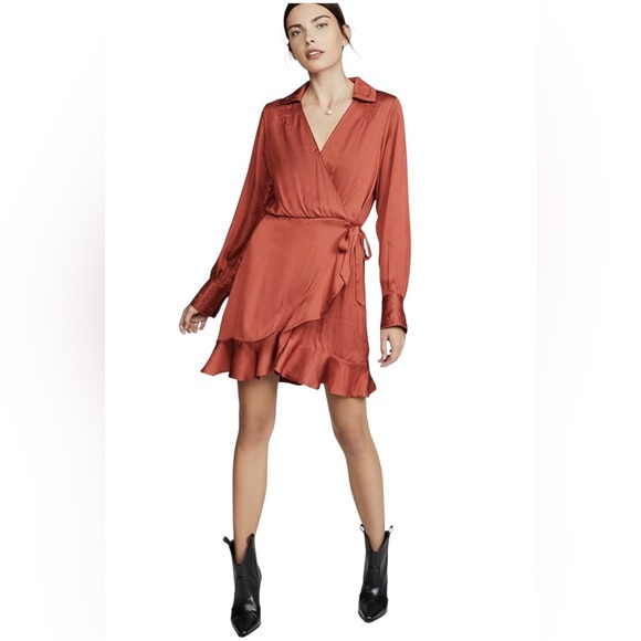 NWT! Paige Tulip Red Parisa Embroidered Detail Satin Wrap Dress. Size XS. - Picture 4 of 14